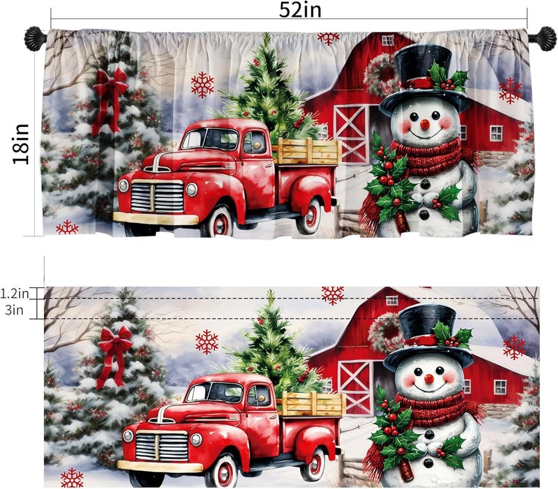 SUNWISHA Christmas Valance Curtains 52x18 Inch - Red Truck & Snowman Design with Snowy Village Scene - Festive Tree/Snowflakes Decor - Rod Pocket Kitchen/Bathroom Winter Valances - Image 2